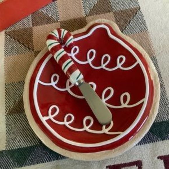 NIB FITZ & FLOYD PLATE & SPREADER - CHRISTMAS ORNAMENT CANDY CANE THEME - Picture 2 of 5